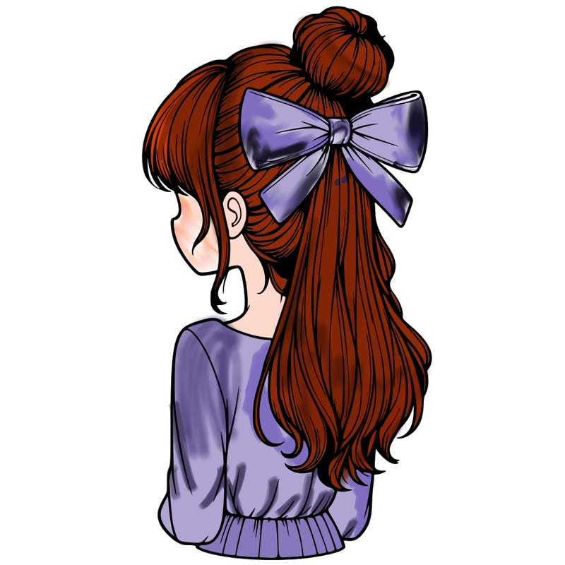realistic girl  with hip length hair a bun and a big bow on the back of head