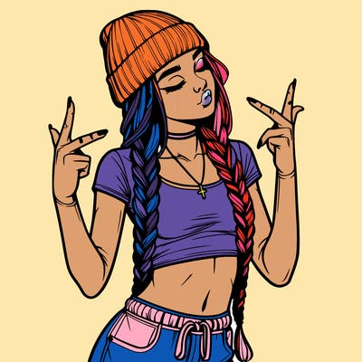 realistic teenage girl with braids and a beanie and crop top doing 🫶🏼