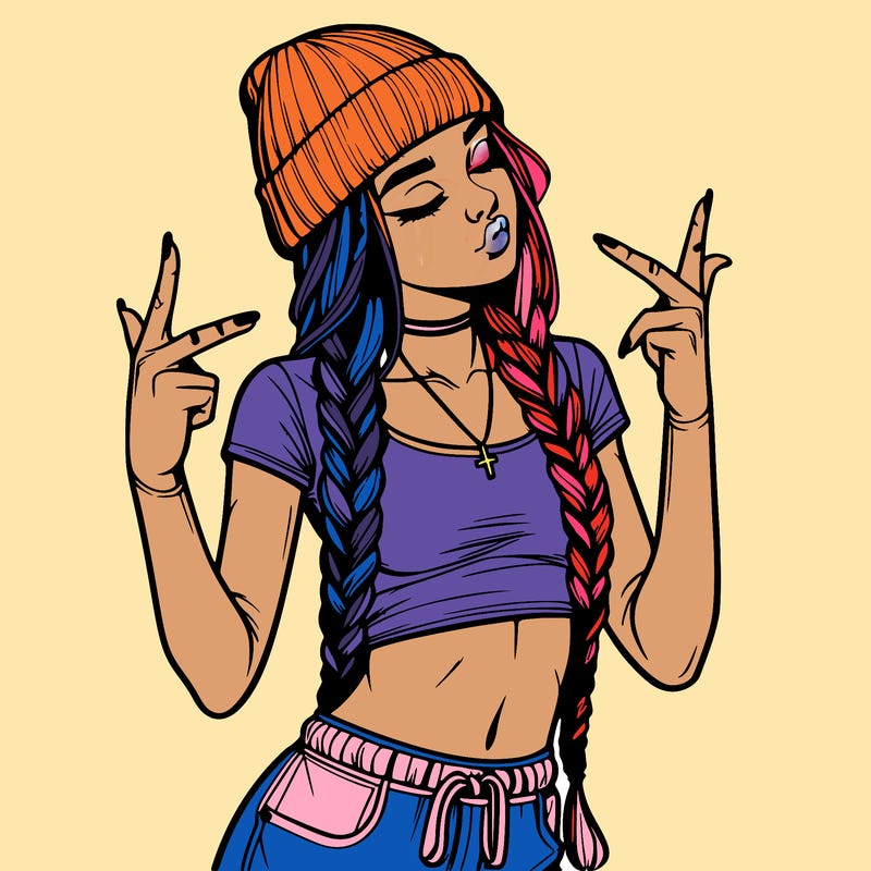 realistic teenage girl with braids and a beanie and crop top doing 🫶🏼