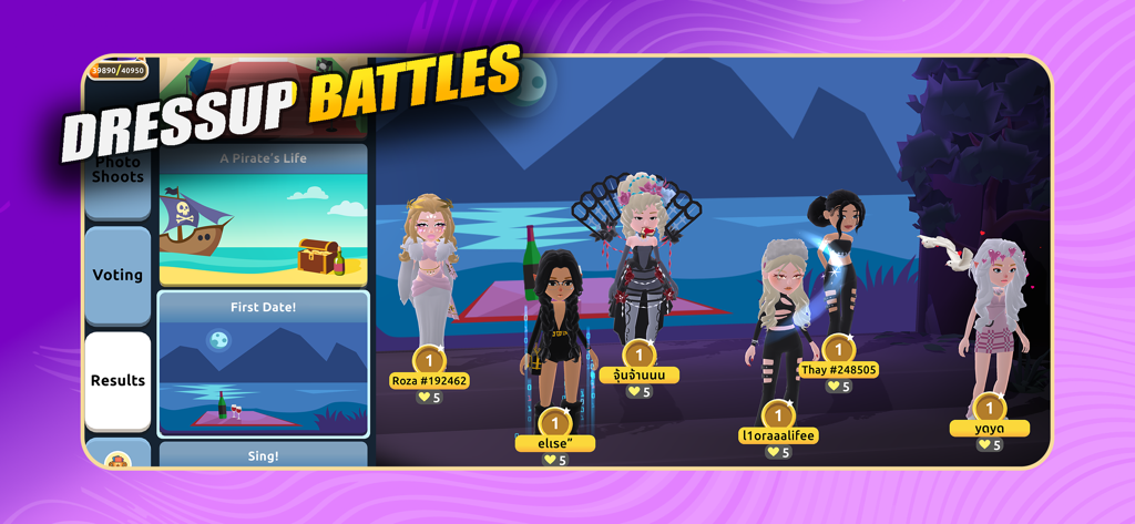 Hotel Hideaway: Avatar & Chat - Sechs einzigartige Avatare stehen nebeneinander für die Ergebnisse eines Mode-Dressup-Battles