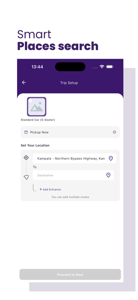 The Zuri Ride mobile app interface for setting up a trip including location search and vehicle selection.