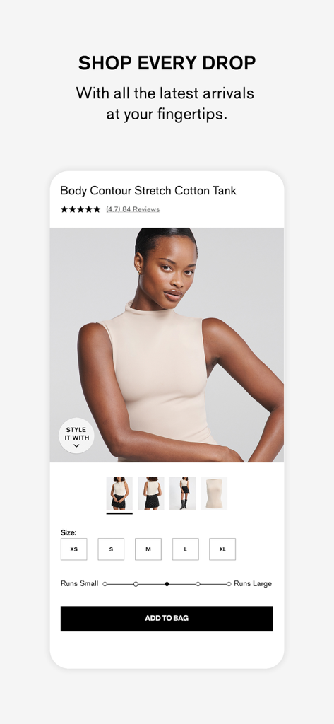 Express - Interface de l'application Express affichant une page de détails produit pour un débardeur beige avec sélection de tailles