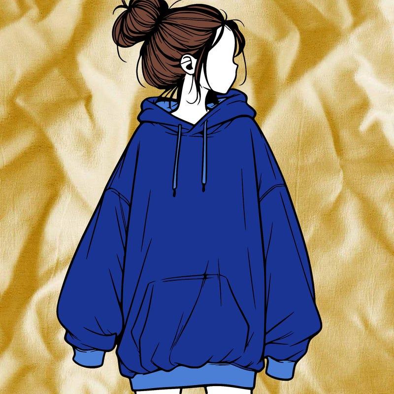 realistic girl with a oversized sweatshirt on and a bun