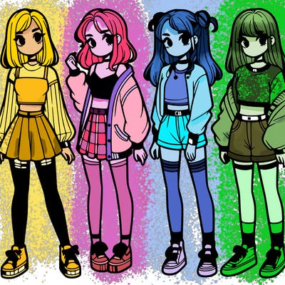 one girl with crop-top shirt and a jacket with a skirt, long socks and another girl with a shirt and pants with a jacket