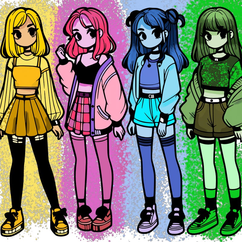 one girl with crop-top shirt and a jacket with a skirt, long socks and another girl with a shirt and pants with a jacket
