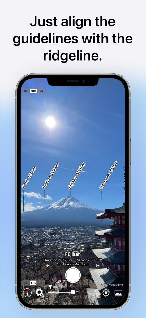 Interface de l'application AR AlpineGuide montrant des étiquettes en réalité augmentée pour les sommets montagneux et les altitudes sur le Mont Fuji