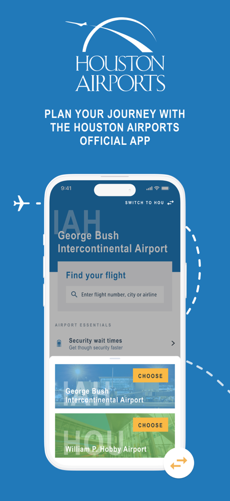Houston Airports – Official - IAHとHOUのフライト検索と空港選択を表示するヒューストン空港公式アプリのホーム画面
