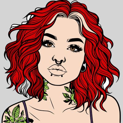 realistic woman with septum piercing and wavy hair and tattoos