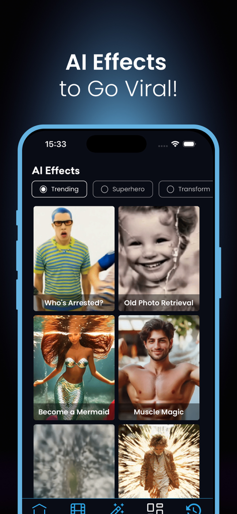 Mobile interface of Vimo AI app displaying various trending AI video effects for content creators