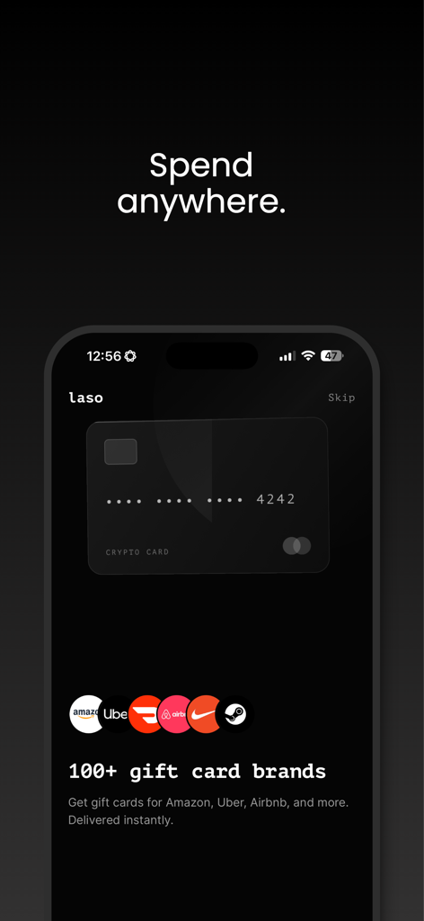 Laso Finance app display showing a virtual crypto card and gift card brand logos including Amazon and Uber