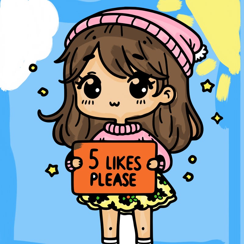 girl wearing  a sweater  and cute skirt  and holding a sign that says 5 likes please