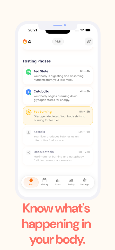 Interface of Fasted app showing five metabolic stages of intermittent fasting including Fat Burning and Ketosis