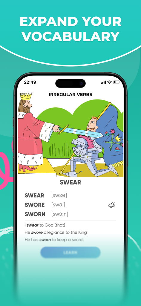 IVERBS Irregular Verbs English - English irregular verb swear lesson in IVERBS app with illustration and examples