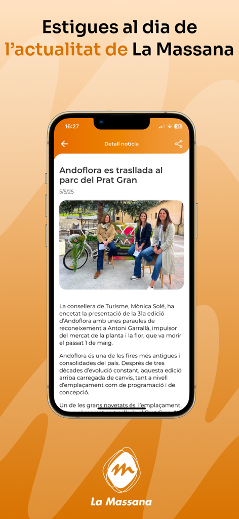 Mobile screen showing a news article about the Andoflora event in the La Massana app.
