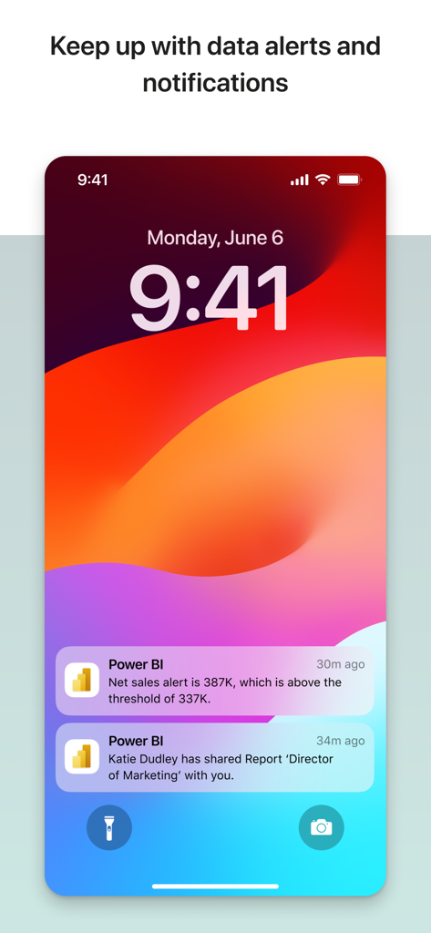 Microsoft Power BI mobile app notifications on an iPhone lock screen showing a sales alert and a shared report.