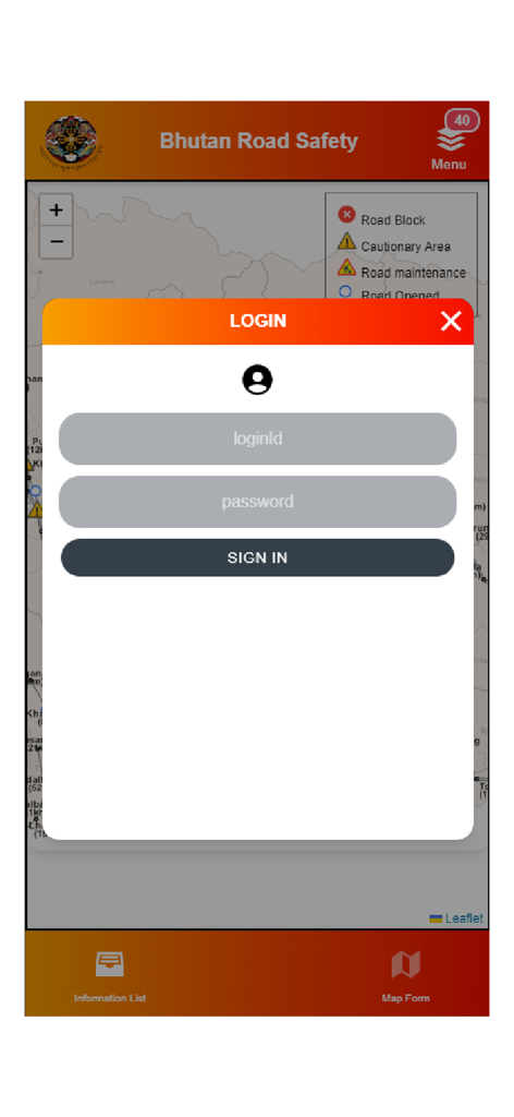부탄 도로 안전 앱의 로그인 화면, 도로 상황 지도 오버레이