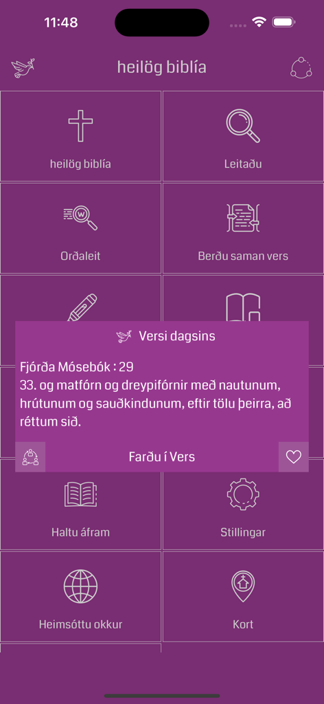Interface of the Icelandic Bible app showing navigation icons and a verse of the day popup.