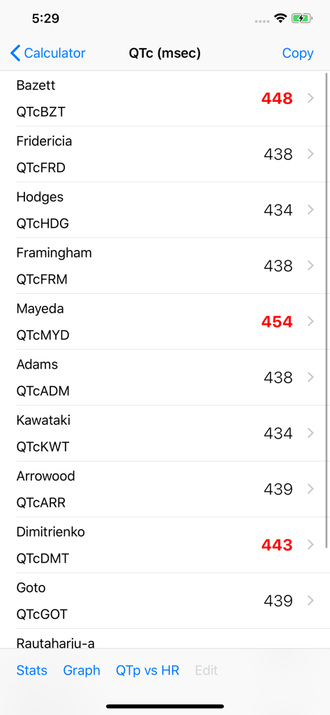 Tela de smartphone mostrando vários resultados de cálculo de QTc de fórmulas como Bazett e Fridericia.