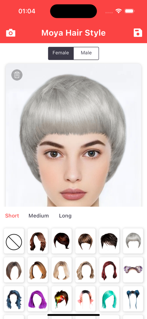 Hairstyle Try On - Hair Filter - Interfaz de aplicación móvil para probar peinados virtuales con un filtro de cabello corto plateado.