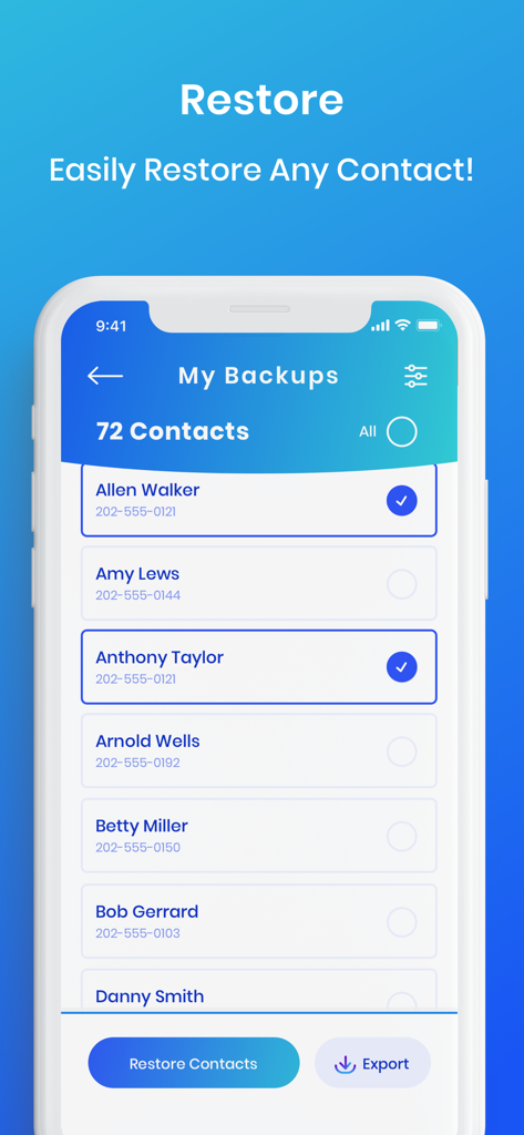 Easy Backup. - Easy Backup App-Bildschirm mit einer Kontaktliste mit Optionen zum Wiederherstellen oder Exportieren von Kontakten