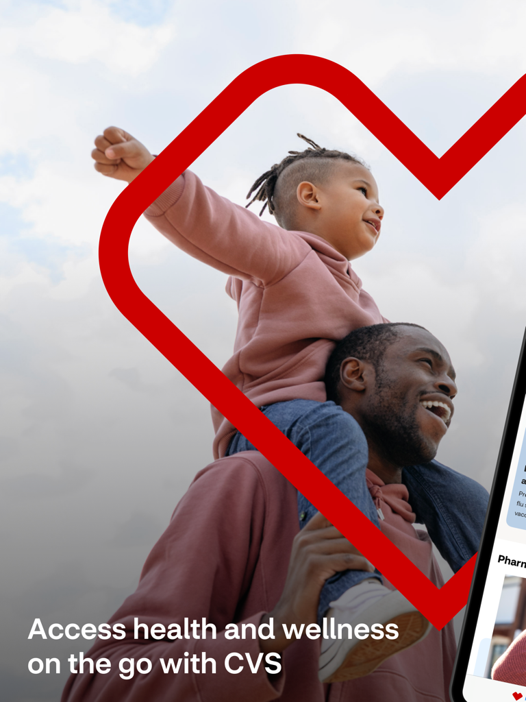 CVS - CVSのハートロゴと、外出先での健康とウェルネスを宣伝するテキストを掲げ、子供を肩車する父親。