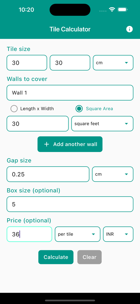 User interface of the Floor and Wall Tiles Calculator app showing input fields for dimensions gap size and price estimation