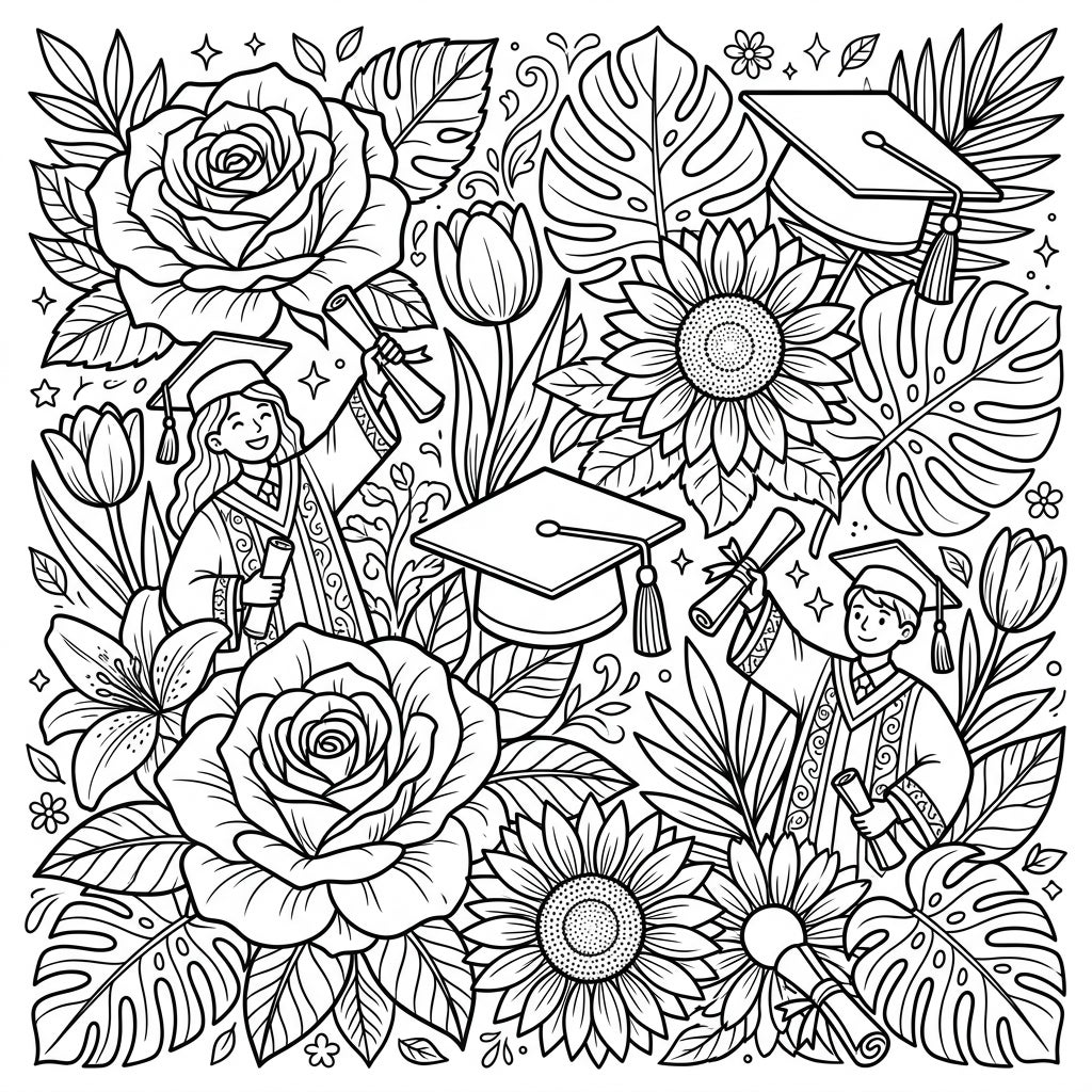 Graduation Floral Celebration Coloring Page for Seniors