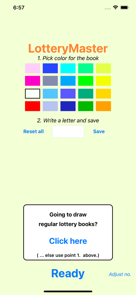 LotteryMaster 앱 설정 화면으로 티켓북 색상 및 문자 코드 선택