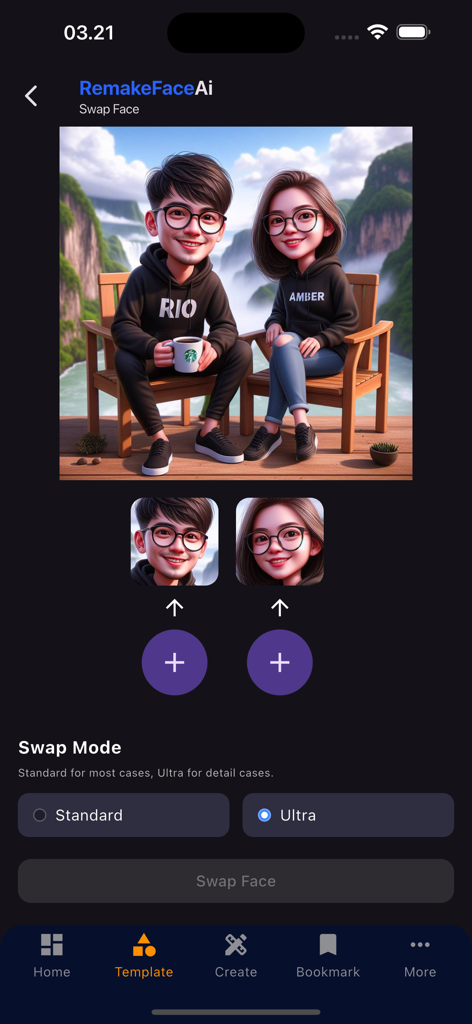 RemakeFace Ai: Face Swap AI - Interface of RemakeFace AI app showing the multiple face swap feature with a couple template