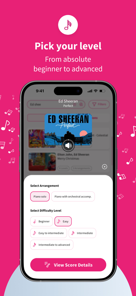 Tomplay Sheet Music - Screen showing difficulty level and arrangement selection for Ed Sheeran's Perfect in the Tomplay app.