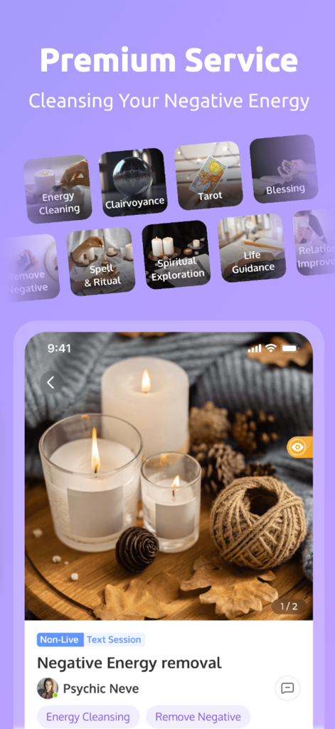Soulight-Online Psychic Advice - Interface de l'application Soulight montrant des services spirituels premium tels que le nettoyage énergétique, le tarot et la clairvoyance.