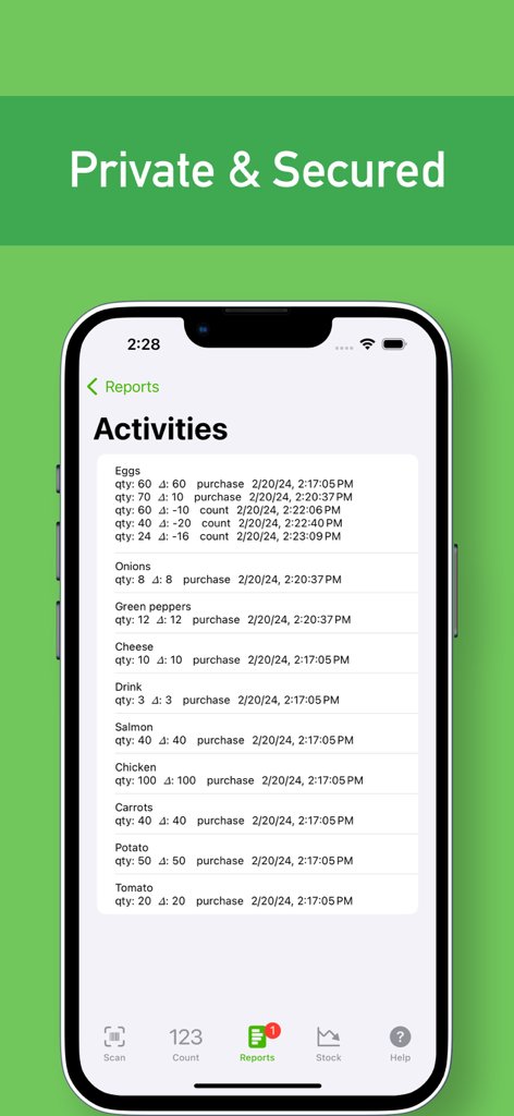 ChefStock 앱 인터페이스에 타임스탬프 및 수량이 포함된 최근 음식 재고 활동 목록 표시