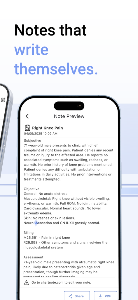 Chartnote Mobile app screen showing a medical note preview for a patient with knee pain under the text Notes that write themselves