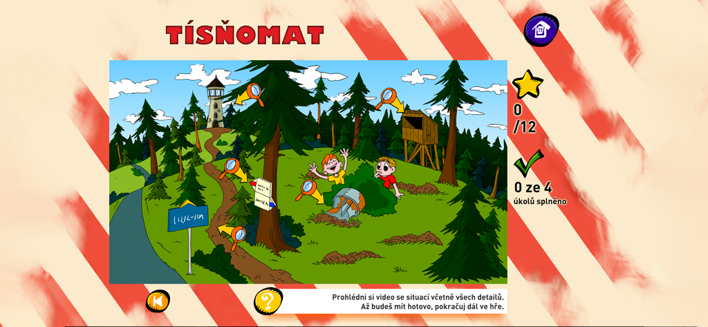 Tísňomat - nácvik volání - Una captura de pantalla de la aplicación Tisnomat que muestra un paisaje forestal de dibujos animados con iconos interactivos para la práctica de llamadas de emergencia
