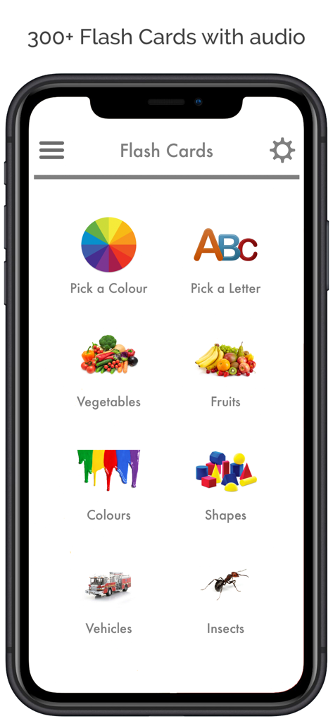 Flash Cards App Learn English - Menu principal do aplicativo Flash Cards exibindo categorias educacionais para crianças, incluindo frutas, vegetais e formas