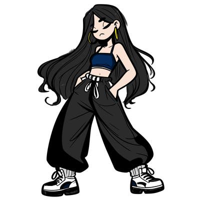 girl in baggy pants crop top and long hair