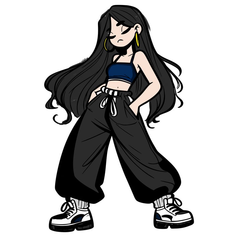 girl in baggy pants crop top and long hair