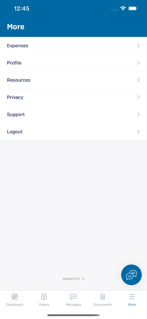 RelocateME - RelocateME mobile app interface showing the More menu with links to Expenses Profile Resources Privacy and Support