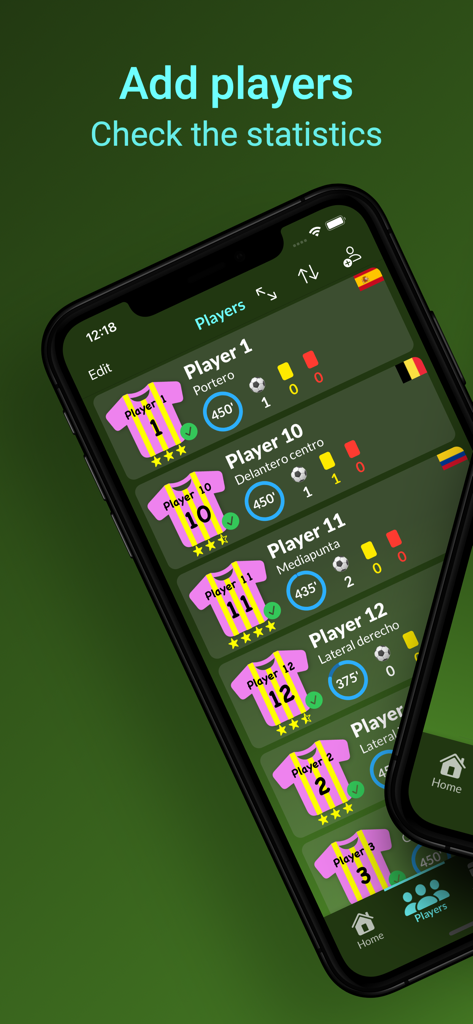 Football Coach Manager - Interfaz de la aplicación móvil que muestra una lista de jugadores de fútbol con estadísticas de minutos jugados, goles y tarjetas