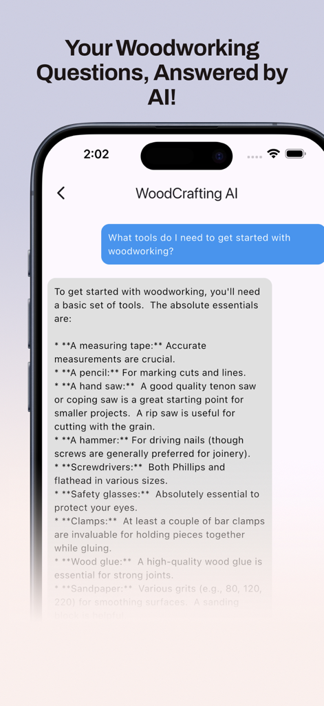 TimberTinker - TimberTinker AI assistant providing a list of essential woodworking tools in a chat interface.