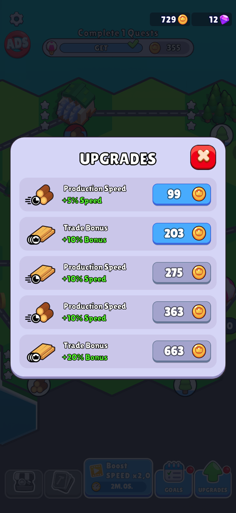 The upgrades menu in the States Builder Trade Empire game showing production speed and trade bonus options for wood resources