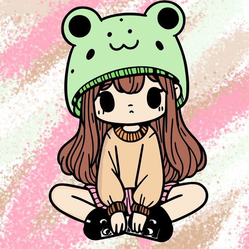 a girl wearing a frog hat and some frog socks