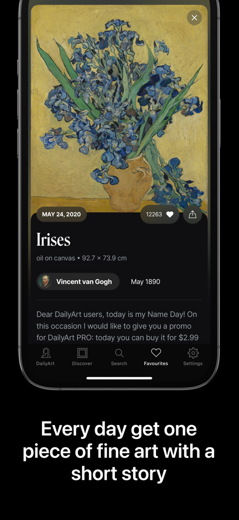 DailyArt - DailyArt app interface showing the painting Irises by Vincent van Gogh with a short story