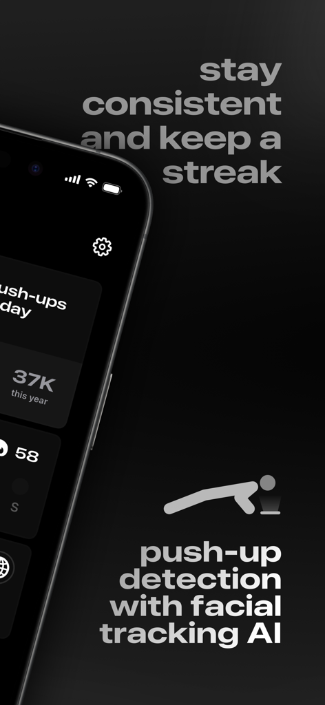 Pushr app interface showing push up detection using facial tracking AI and streak tracking