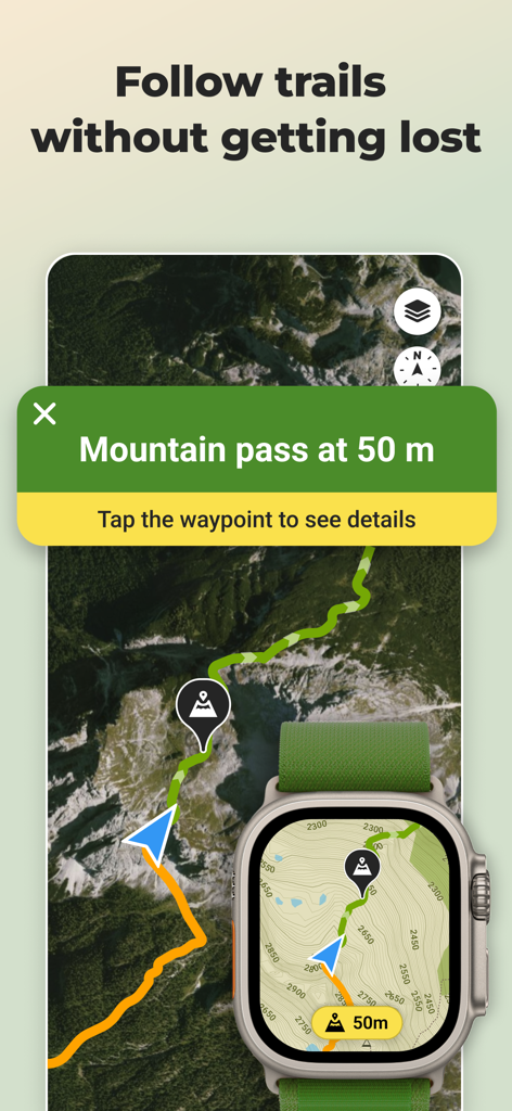 Wikiloc trail navigation on smartphone and smartwatch showing topographic maps and waypoints.