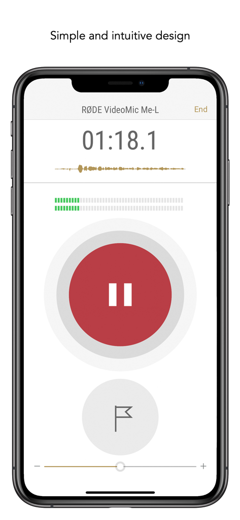 RØDE Reporter app interface showing a live audio recording with waveform and digital flag.