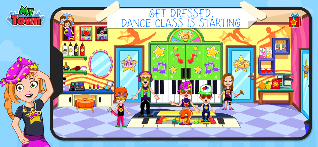 My Town - Dance School Stories - Cartoon characters preparing for dance class in a colorful dressing room