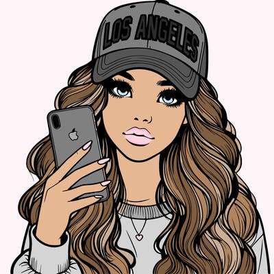 realistic beautiful girl wearing los ángeles cap holding an iphone