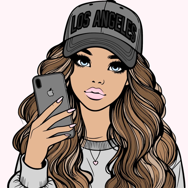 realistic beautiful girl wearing los ángeles cap holding an iphone