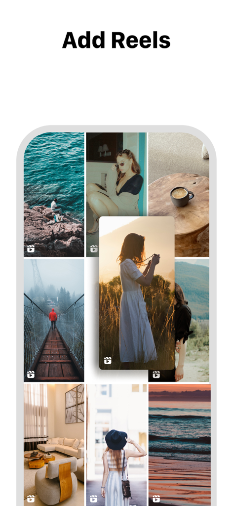 Feed Preview: Ig Grid Layout - Instagramグリッドレイアウトにリールを追加する方法を示すFeed Previewアプリのインターフェイス。